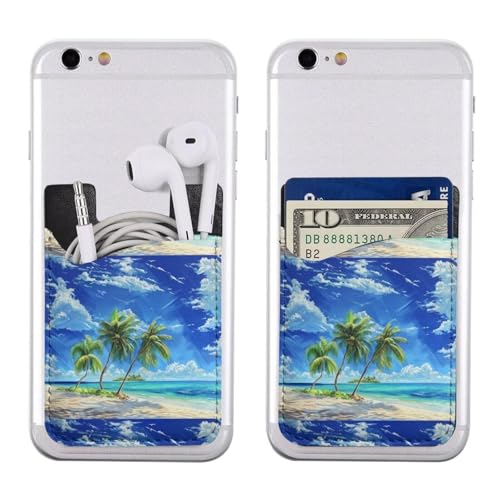 Self Adhesive Phone Case Card Holder Palm Tree On Beach Phone Pocket Sticky Phone Case Wallet Green Leaf Blue Sky Pattern Tropical Phone Wallets Botanical Ocean Coastal Card Holder Wallet - color: Palm Tree