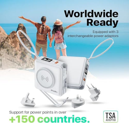 PWRMobile PWR Travel PRO 5-in-1 Power Bank with Case Included – 10,000mAh with Built-in Cables – 20W USB-C + 15W Wireless Charging – Compact Portable Charger for iPhone & Android - White - color: White with Gray Case