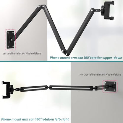 Wall Mount Phone Holder,Phone Holder for Desk Bed,3-Stage Aluminium iPhone Stand,Foldable Extendable Arms Heavy Duty Drilling Base,Compatible with 3.5~7.5" iPhone/HTC/LG/Huawei/Galaxy/Smartphones