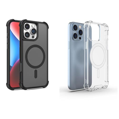 Pack of 2 IPHONE 13/14 Case Clear MagSafe + Black , 2.5mm Shockproof Military Grade Drop Protection, Hard Transparent Anti Yellowing Back, Airbag Corners, MagSafe Compatible Clear & Color Combo - color: Clear MagSafe + Black, size: IPHONE 13/14