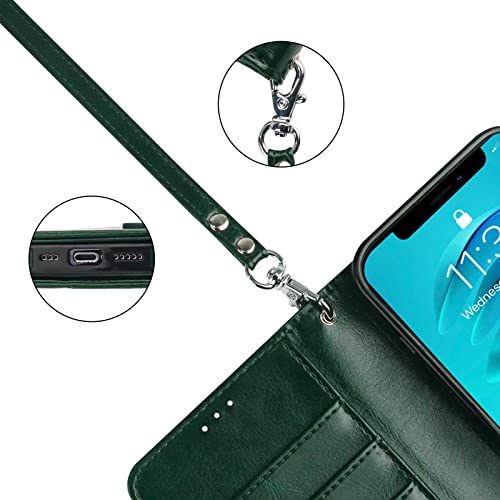 Bocasal Detachable Wallet Case Card Holder for iPhone 14, Green | RFID Blocking Kickstand Card Slots Holder PU Leather Magnetic Shockproof Wrist Strap Removable Flip Protective Cover 6.1 inch - color: Green