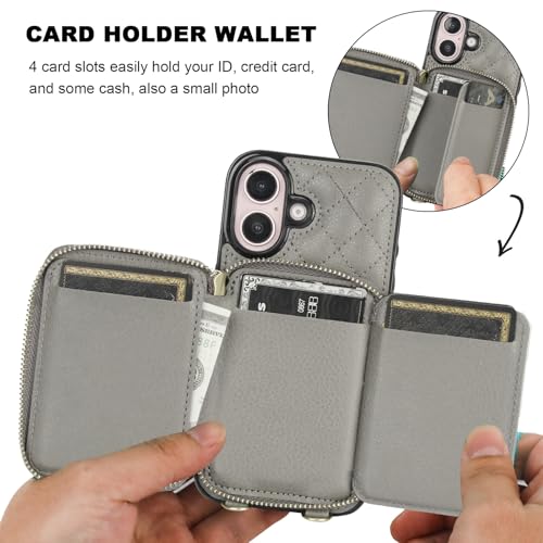 Bocasal Crossbody Wallet Case Card Holder for iPhone 16, Grey | RFID Blocking PU Leather Zipper Handbag Purse, Kickstand Flip Folio Case with Card Slots Holder Wrist Strap Lanyard 6.1 Inch - color: Gray
