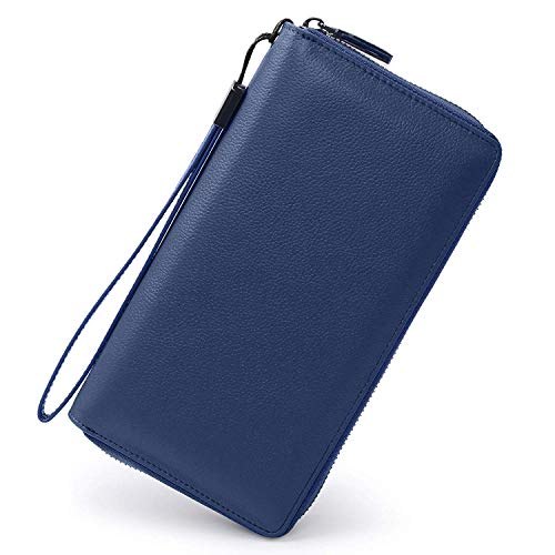 Bveyzi Women RFID Blocking Wallet Leather Zip Around Phone Clutch Large Capacity Ladies Travel Purse Wristlet - color: Navy Blue