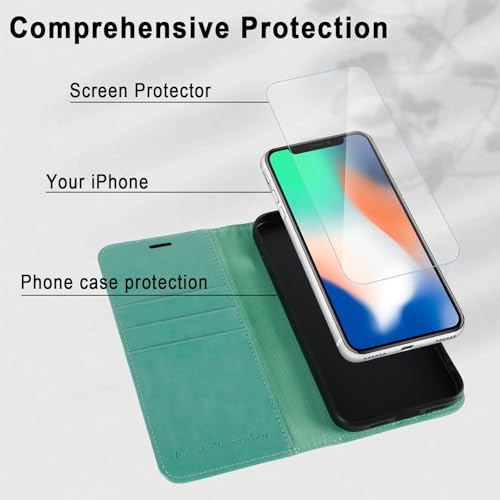 MONASAY Wallet Case for iPhone X/Xs with 3 Card Holders - Mint | Kickstand,RFID Blocking,6.6 feet of shock absorption,PU Leather,Strong Magnetic Closure,Fits 5.8 inch ONLY,screen Protector - color: Mint