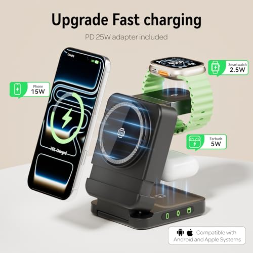 Wireless Charger 3 in 1, Foldable Charging Station for Apple Samsung Multi Devices Charging, Magnetic Charging Stand, Portable Travel Fast 15W Charger Station for iPhone, TWS, iWatch (Black)