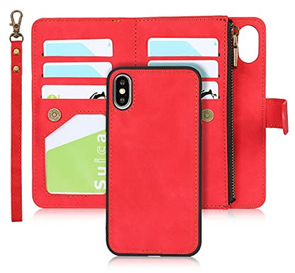 iCoverCase for iPhone X/XS Wallet Case with Card Holder and Wrist Strap, PU Leather Kickstand Card Slots Zipper Pocket Magnetic [Detachable] Flip Cover Case 5.8 Inch (Red) - color: Red