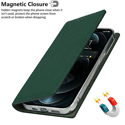 iCoverCase Compatible with iPhone 13 Pro Wallet Case, RFID Blocking Genuine Leather Magnetic Case with Wrist Strap and Card Slots Kickstand Feature Flip Cover 6.1 Inch (Green) - color: Green, size: iPhone 13 Pro