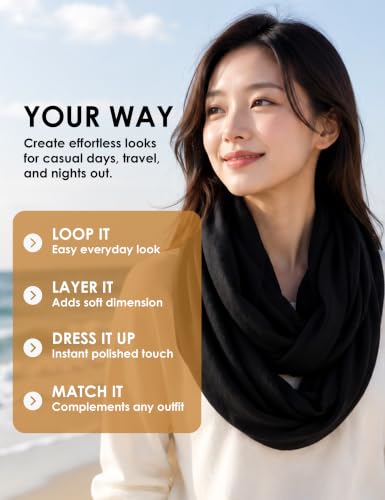 Pop Fashion Quatrefoil Pattern Infinity Scarf for Women - Travel Scarf with Hidden Pocket - All Seasons - color: All Black, size: 24.5 x 9.5