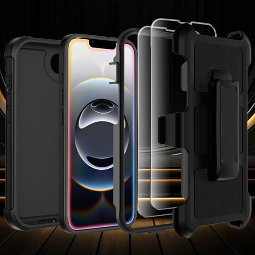 for iPhone 17e /16e Case with Belt Clip Holster,Military Grade Anti-Drop Shockproof Defender Phone Cases w/2x Screen Protectors & Kickstand,2 Layers Rugged Heavy Duty Protective Bumper Cover (Black) - color: Black