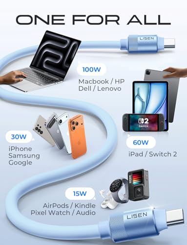 LISEN 10FT USB C Cable Fast Charging, Chubby 240W Cable USB C to USB C Fast Charging Soft Silicone USBC to USBC Parallel Cable for iPhone 17 Pro Max 16 15 Samsung S25 Ultra MacBook Pro Air iPad Blue - color: Blue, size: 10FT