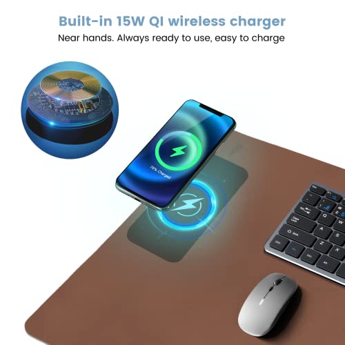 Desk Mat Wireless Charging Mouse Pad Large 32x16 Journey Desk Pad Mat with Wireless Charger Waterproof Leather Computer Mat with Phone Charger Mousepad Non-Slip for Keyboard and Mouse - color: Light Brown, size: 32" x 32"