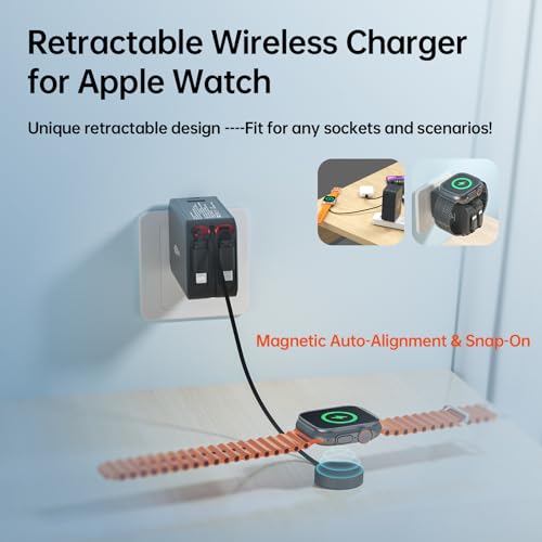 Retractable Apple Watch Charger, 5 in 1 Wall Charger with 3 Retractable Cables for Older iPhones & USB-C Devices, 35W Foldable Charger Block for iPhone 17/16/15/14, iPad, AirPods (Gray) - color: Gray