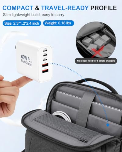 USB C Charger Block 60W, 2 Pack 5-Port Fast Charging Block with Cable