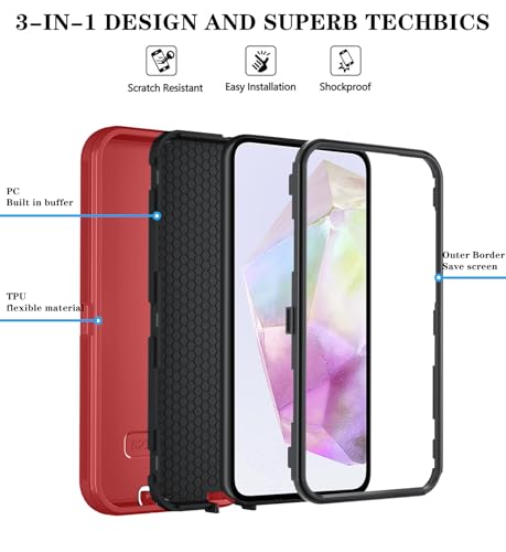 Qinmay Phone Case for Samsung Galaxy A37 5G Case with HD Screen Protector, Heavy Duty Shockproof & Dropproof 3-Layer Cover Phone Case for Galaxy A37,RedBlack - color: RedBlack