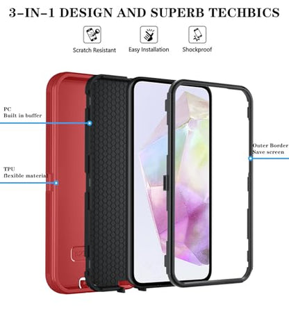 Qinmay Phone Case for Samsung Galaxy A37 5G Case with HD Screen Protector, Heavy Duty Shockproof & Dropproof 3-Layer Cover Phone Case for Galaxy A37,RedBlack - color: RedBlack
