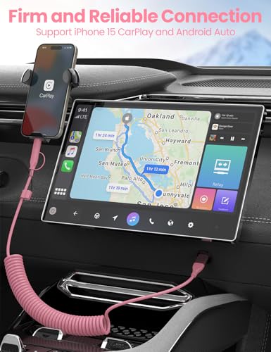 Pink Coiled Car Charging Cable 2-in-1 (USB-C & Lightning), 3FT Cute Car Accessories for iPhone 17/16/15, Samsung Galaxy — Supports Apple CarPlay & Android Auto - color: Pink