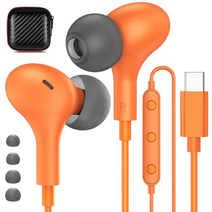 USB C Headphones for iPhone 18 Pro Max 17 16 15/Galaxy S26 FE Wired Earbuds - color: Orange