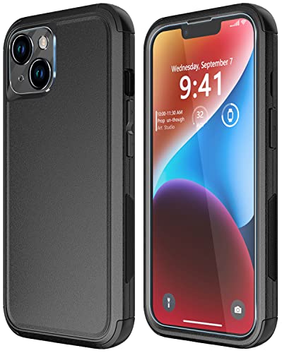 Diverbox for iPhone 14 Case [Shockproof] [Dropproof] [Tempered Glass Screen + Camera Lens Protector] Heavy Duty Protection Phone Case Cover for iPhone 14 6.1inch - color: BLACK-3in1