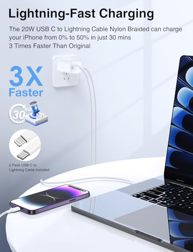 USB C to Lightning Cable Nylon Braided [Apple MFi Certified] - 2Pack 6/10FT - color: White, size: 6ft+10ft