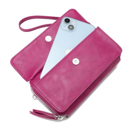 RFID Crossbody Wallet Wristlet Purse with Phone Pocket For Women Vegan Leather - color: B-fuchsia
