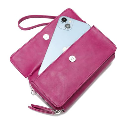 RFID Crossbody Wallet Wristlet Purse with Phone Pocket For Women Vegan Leather - color: B-fuchsia