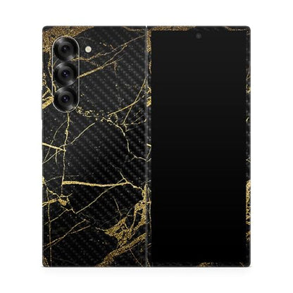 Carbon Fiber Phone Skin Compatible with Samsung Galaxy Z Fold 6 - Black Gold Marble - Premium 3M Vinyl Protective Wrap Decal Cover - Easy to Apply | Crafted in The USA by MightySkins - color: Black Gold Marble, style: Carbon Fiber Textured Finish