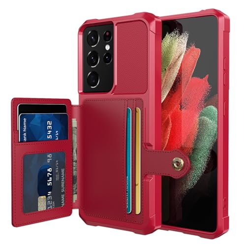Wallet Case for Samsung Galaxy S21 Ultra, Compatible with Magnetic Car Mount, Heavy Duty Shockproof Rugged Soft TPU Back Leather Flip Credit Card Holder Cover 6.8 inch, Red | Compatible with Magnetic Car Mount, Shockproof Rugged Soft TPU Hard Back Leather