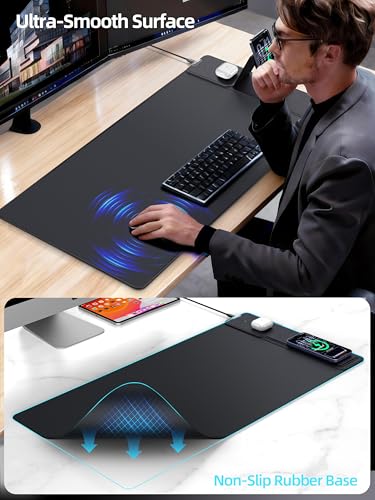 Mouse Pad with Magnetic Wireless Charger & Adjustable Phone Stand - color: Black-Magnetic Stand-31.5"x15.8"-Right