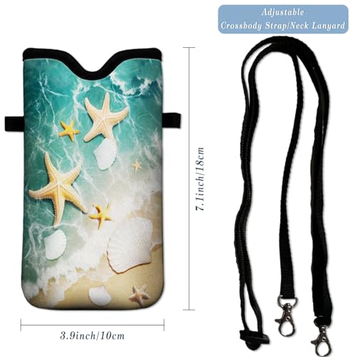 Universal Neoprene Cell Phone Pouch 7.1 X 4 in Mobile Protection Case Bag with Crossbody Strap/Neck Lanyard Beach Starfish Shells - color: Beach Starfish Shells