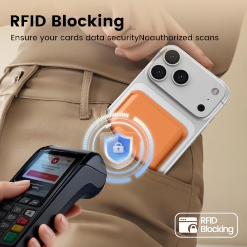 MagSafe Wallet Stand RFID Card Holder Thin Leather with Strong Magnets - color: Orange