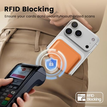MagSafe Wallet Stand RFID Card Holder Thin Leather with Strong Magnets - color: Orange