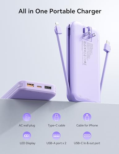 Portable Charger Power Bank 10000mAh with Built in Cables & Wall Plug - color: Violet
