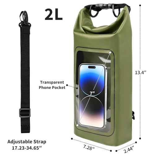 Waterproof Dry Bag, 2L Roll Top Waterproof Bag IPX8 with Crossbody Strap, Phone Clear Window, Phone Pouch Water Protector for Camp Beach Travel, Cruise Essentials, Kayak Accessories (Army Green) - color: Army green dry bag 2L