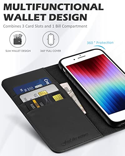 SHIELDON Genuine Leather Wallet Case for iPhone SE 2022/SE 2020/8/7, Black | Magnetic Closure, RFID Blocking, Credit Card Holder, Kickstand, Folio Design, Shockproof Phone Cover - color: Black