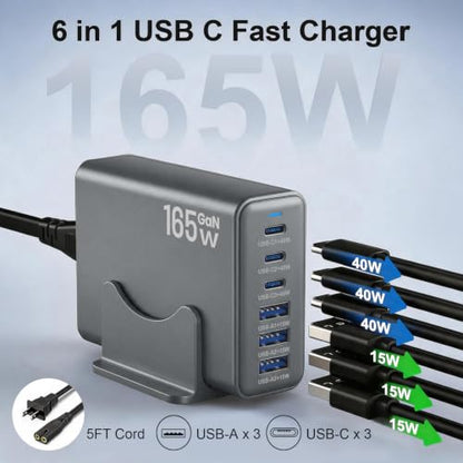 165W Charging Station, 6 Port Desktop Charger, 3 Ports 40W Grey - color: Grey
