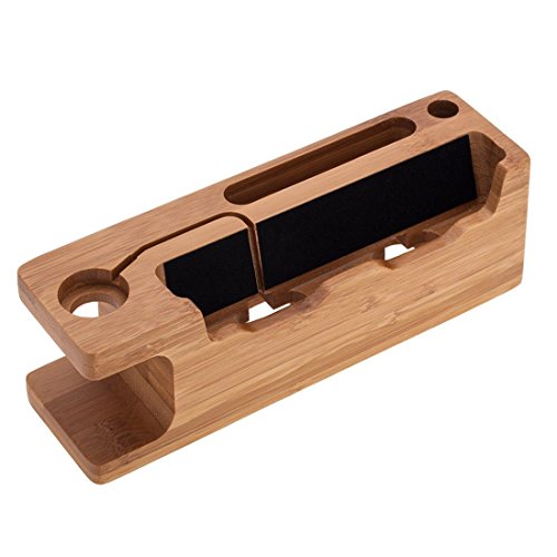 MOOZO Bamboo Wood Desktop Charging Dock Station Charger Holder Cradle Stand Compatible iPhone 16 15 14 13 12 11 Pro Max Apple Watch 2 3 4 / iWatch Samsung Galaxy S8 S7 S6 Edge Plus LG HTC Smartphones - color: 3 in 1 Charger Stand