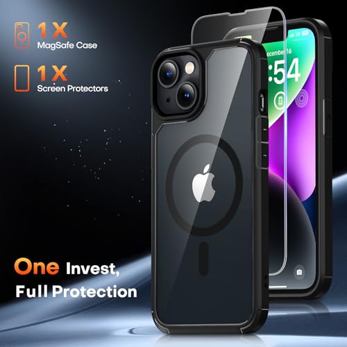 TAURI for iPhone 14 Case, Compatible with MagSafe, Black | with Screen Protector, Not-Yellowing Military-Grade Protection, Shockproof Slim Magnetic Case for iPhone 14 - color: B-Magnetic Black