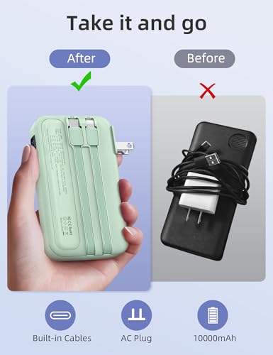 RORRY Portable Charger 3 in 1 with Wall Plug 10000mAh Power Bank for iPhone - color: Green