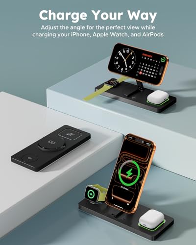 Foldable 3 in 1 Charging Station for Magsafe, Magnetic Phone and Watch Charger Stand for Apple Devices, Wireless Desk Charger Dock for iPhone 17 16 15 14 13 12 Series, Apple Watch and Airpods