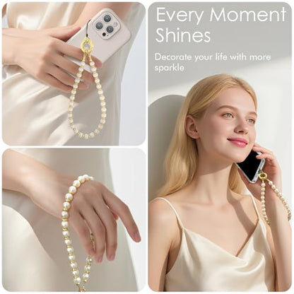SURPHY Phone Charm, Handmade Beaded Phone Wrist Strap with Tether Tab - color: A- Pearl Gold