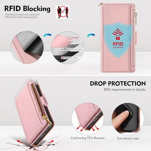 Antsturdy for iPhone 17 Phone Wallet Case Women,Pink | RFID Blocking,with Credit Card Holder Slots,PU Leather Purse,Zipper Pocket,Wrist Strap Kickstand,Flip Folio Cover for Men - color: Pink