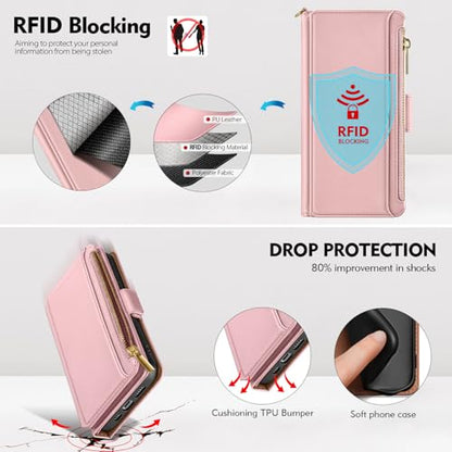 Antsturdy for iPhone 17 Phone Wallet Case Women,Pink | RFID Blocking,with Credit Card Holder Slots,PU Leather Purse,Zipper Pocket,Wrist Strap Kickstand,Flip Folio Cover for Men - color: Pink