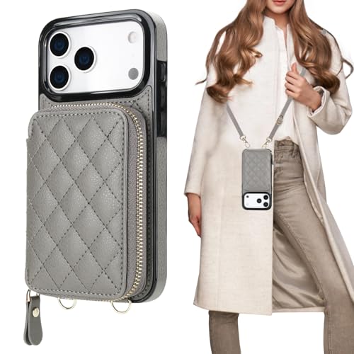 Bocasal Crossbody Wallet Case Card Holder for iPhone 17 Pro Max Grey | RFID Blocking PU Leather Zipper Handbag Purse, Kickstand Flip Folio Case with Card Slots Holder Wrist Strap Lanyard 6.9 Inch - color: Gray