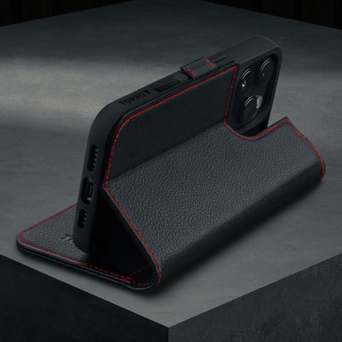 TORRO Premium Leather Case Compatible with iPhone 16 Pro 6.3" – Genuine Leather Wallet Flip Folio Case with Kickstand and Card Slots (Compatible with Official MagSafe Chargers) - Black - color: Black with Red Detail