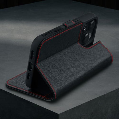 TORRO Premium Leather Case Compatible with iPhone 16 Pro 6.3" – Genuine Leather Wallet Flip Folio Case with Kickstand and Card Slots (Compatible with Official MagSafe Chargers) - Black - color: Black with Red Detail