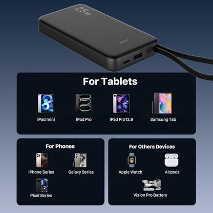 JUOVI 25W Portable Charger 10000mah Power Bank Built-in USB-C Cable - color: Black