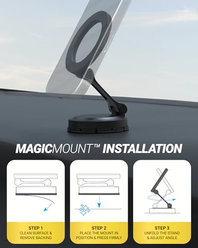 Scosche MagSafe Car Mount, Magnetic Phone Holder for Car Dashboard & Windshield with Foldable Arm, Adhesive Swivel Base with 360° Rotation, Compatible with iPhone 17/16/15/14/13/12 and PopSockets