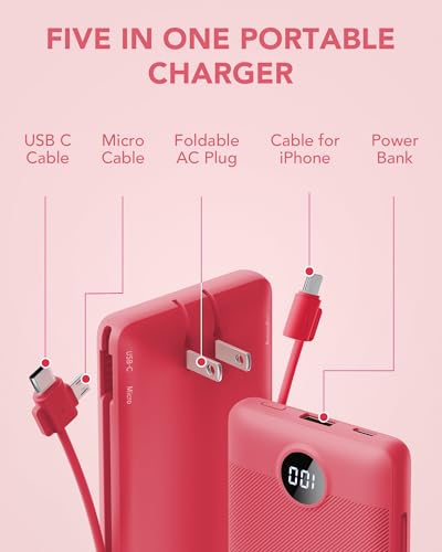 Portable Charger Built-in Cables and AC Wall Plug, VRURC USB C Power Bank 10000mAh, Travel Battery Portable Phone Charger Compact Lightweight External Battery Pack for SmartPhones,Tablets-Viva Magenta - color: Viva Magenta