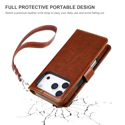 Bocasal Detachable Wallet Case Card Holder for iPhone 17 Pro, Brown | RFID Blocking Kickstand Card Slots Holder PU Leather Magnetic Shockproof Wrist Strap Removable Flip Protective Cover 6.3 inch - color: Brown