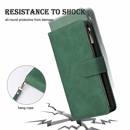 RANYOK Wallet Case Compatible with iPhone 13 Pro Max (6.7 inch), Premium PU Leather Zipper Folio RFID Blocking Wallet with Wrist Strap Built-in Kickstand Protective Case (Black Green) - color: Black Green